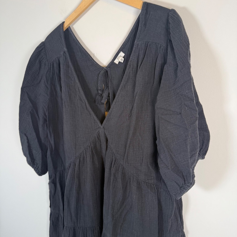 Aerie Gauze 100% Cotton Tiered Babydoll Mini Dress XXL Black V-Neck Puff Sleeve - Picture 2 of 5